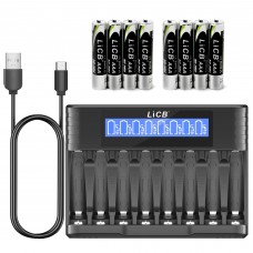 LiCB Rechargeable Batteries AAA 1100mAh with Smart 8 Bay Battery Charger, 1.2V NiMH Battery, 8 Count AAA