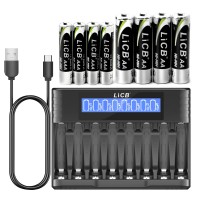 LiCB Rechargeable Batteries AA 2800mAh & AAA 1100mAh with Smart 8 Bay Battery Charger, 1.2V NiMH Battery, 8 Count - 4 AA and 4 AAA